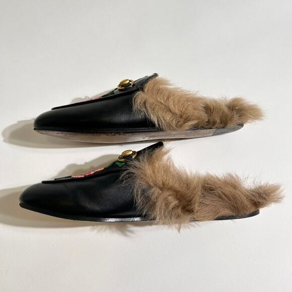 Gucci Fur Lined Embroidered Flower Horsebit Princetown Mules Michele Gigi Hadid - Picture 9 of 14